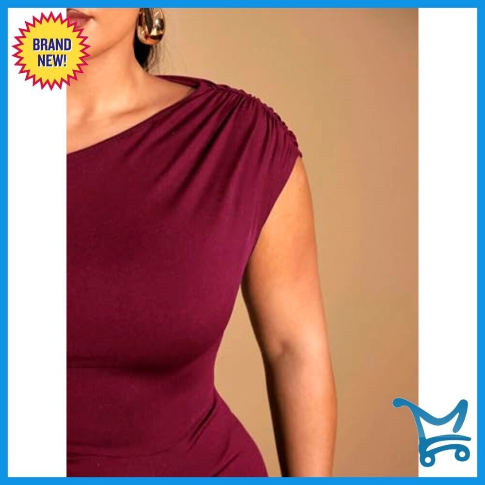 Plus Size Asymmetrical Neck Long Dress Ruched Slit Hem Elegant Cocktail - Picture 4 of 7